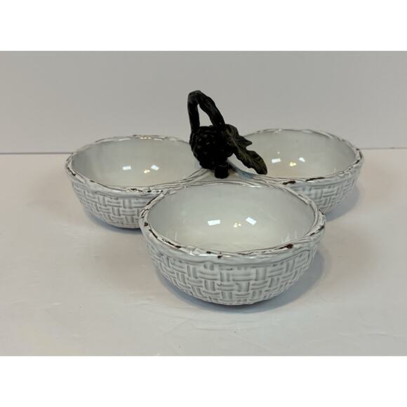 Mud Pie Triple Section Ceramic Basket Weave Serving Bowl with Grape Handle - Picture 3 of 9